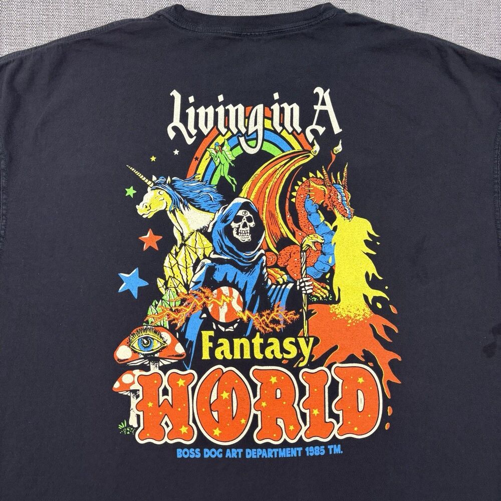 Boss Dog Graphic T-Shirt Fantasy World Black Tee Mens XXL Retro Grunge Skull Y2K - Picture 3 of 9